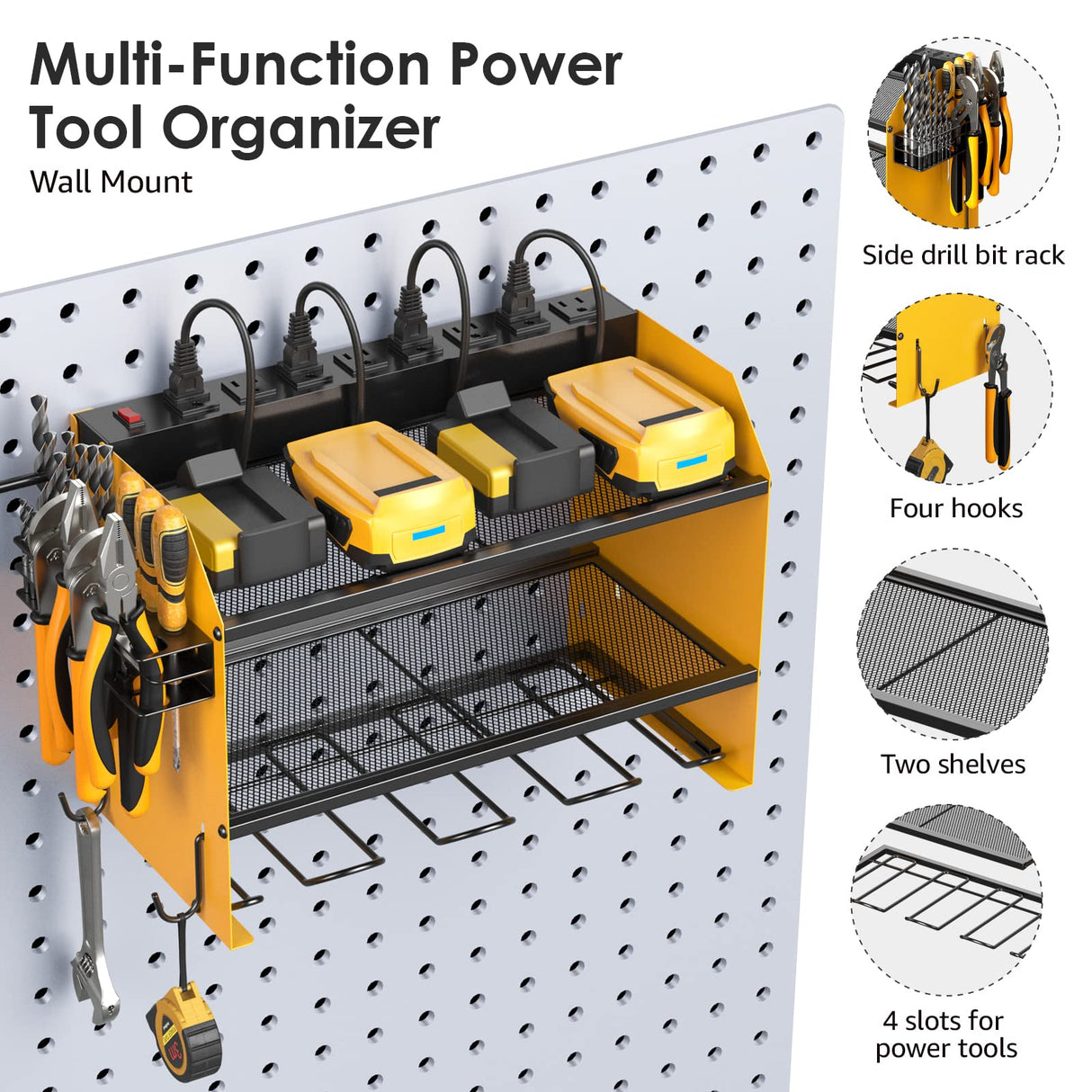 CCCEI Modular Power Tool Organizer Wall Mount with Charging Station. Garage Drill Storage Shelf with Hooks, Heavy Duty Rack, Tool Battery Holder Built in 8 Outlet. Gift for Men. Yellow. CCCEI