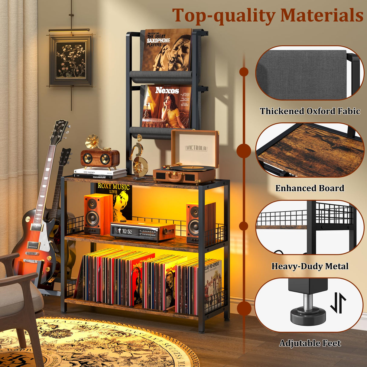 kepptory Tall Vinyl Record Player Stand with LED Lights, 3 Tier Record Storage Cabinet with Vinyl Holder and Guitar Stand, Media Display Shelf, Mid Century Modern Bookshelf, Turntable Stand (Brown) kepptory