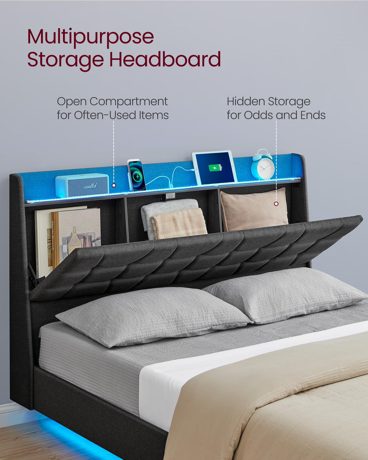 VASAGLE Dark Gray Floating Queen Bed Frame with LED Lights and Tufted Storage Headboard VASAGLE