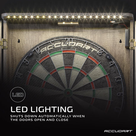 Accudart Match Pro Dartboard Cabinet Set - Official Size - Self Healing Sisal - Modern Style Woodgrain - Two Built-in Dartholders - LED Lighting - Includes Scoreboard, Chalk, Eraser, and Six Darts Accudart