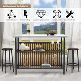 Lamerge Industrial 3-Piece Marble Bar Table Set with Storage Shelves and Stools in White Lamerge