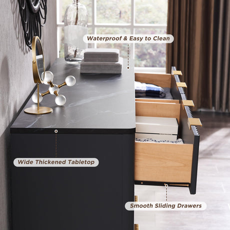 T4TREAM Fluted 6 Drawers Dresser, 54" Wide Modern Chest of Drawers with Faux Marble Top, Curved Profile Design, Dresser TV Stand, Wood Drawer Organizer for Bedroom, Living Room, Hallway, Dark Grey T4TREAM
