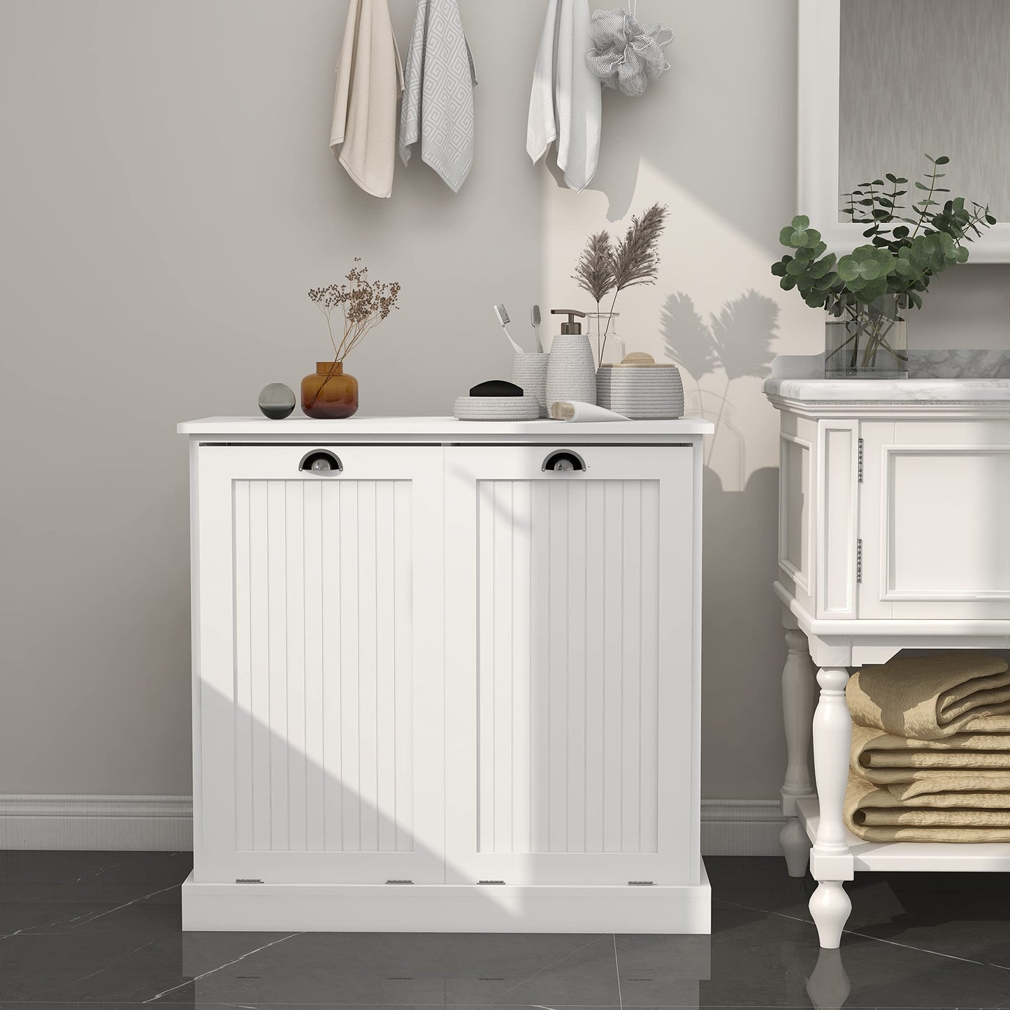 Locsear Tilt Out Laundry Hamper Cabinet with Removable Basket, Double Hidden Laundry Hamper Cabinet, Wood Bathroom Storage Cabinet, Free Standing Home Organizer, White