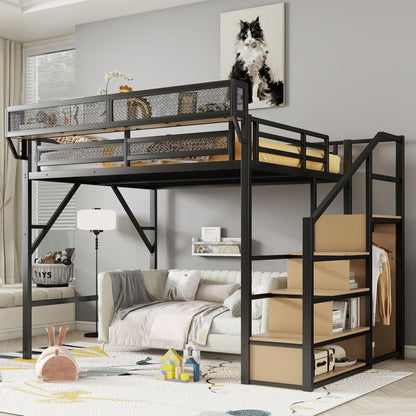 SOFTSEA Queen Size Loft Bed with Storage Stairs, Heavy Duty Metal Loft Bed with Storage Wardrobe and Shelves for Adults Teens Kids, Space Saving Bed Frame with Guardrail, Black