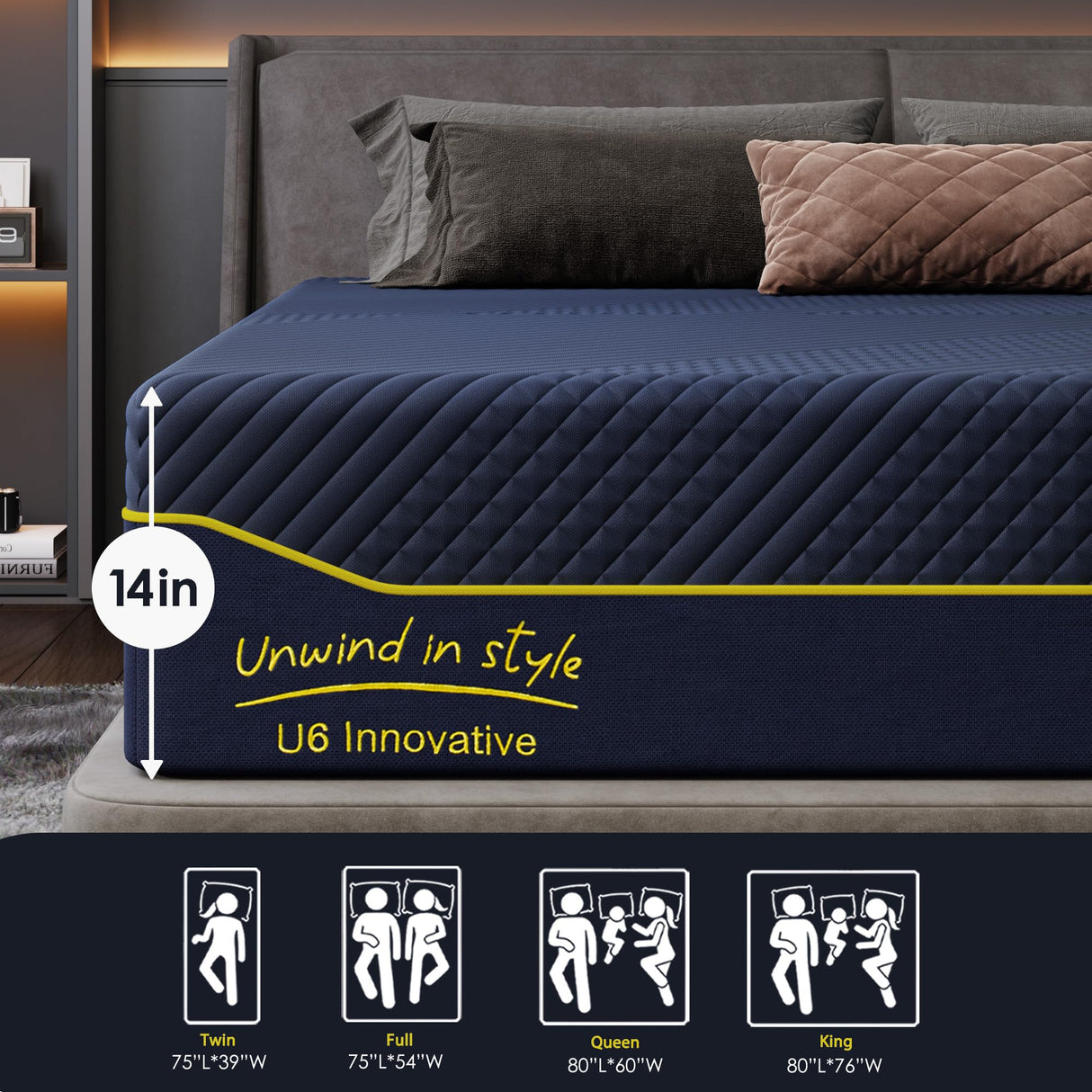 SDHYL Memory Foam Mattress Full Size, 14 Inch Gel Infused Mattress Mid Firm for All Sleeper, Bed in a Box CertiPUR-US Certified & Fiberglass Free, Navy SDHYL