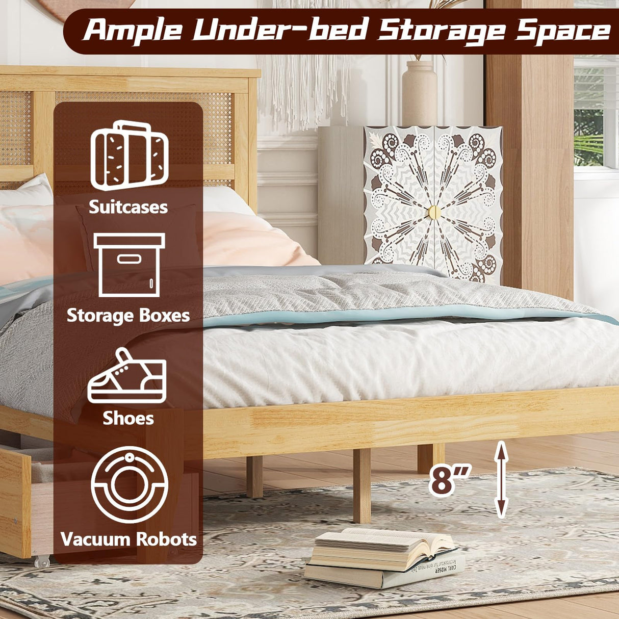 HRVEOCEI Boho Bed Frame Full with Rattan Headboard, Rattan Bed Frame & Full Beds Frames with Wood Legs, Solid Wood Beds Frames with Storage Underneath,Easy Assembly (White Oak, Full) HRVEOCEI