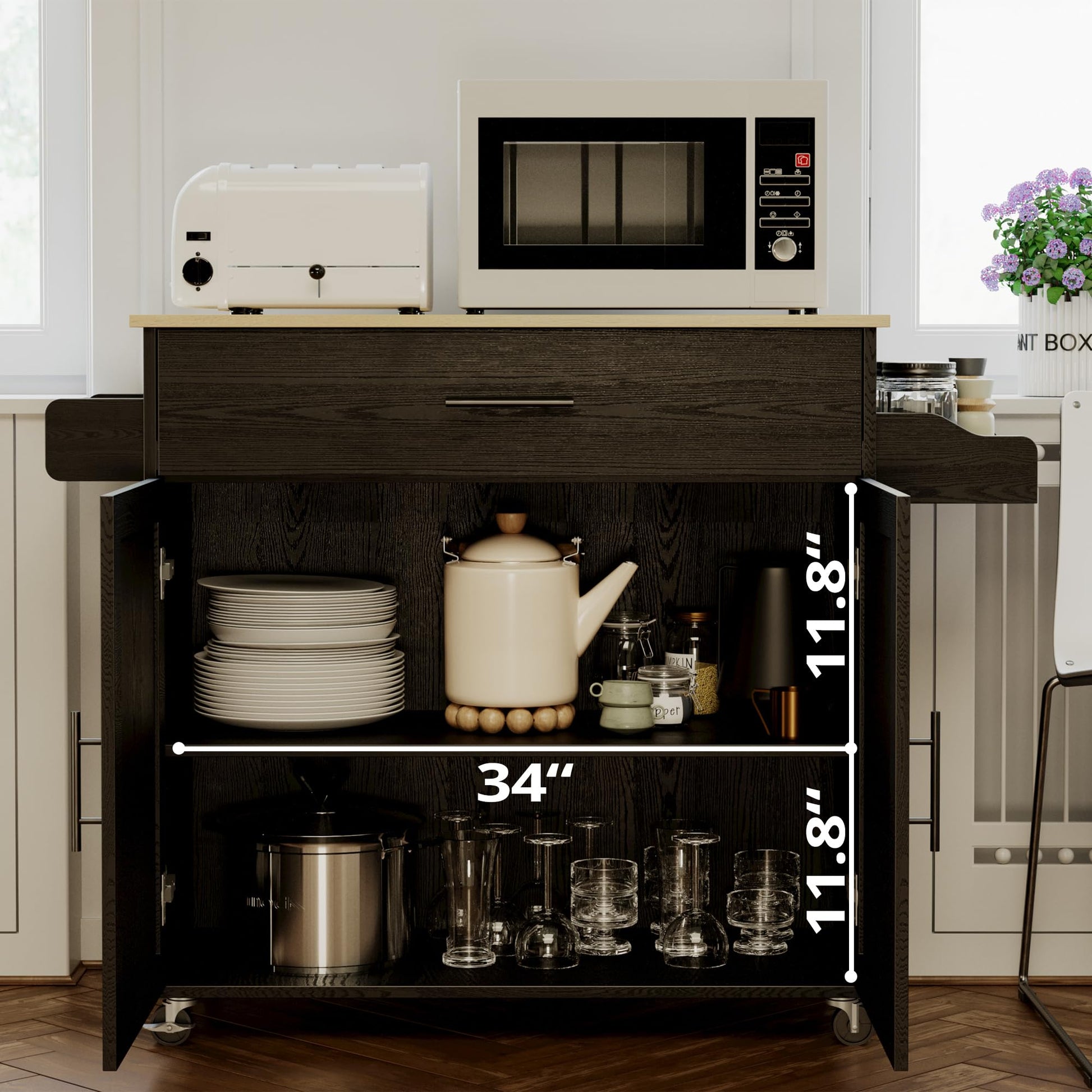 Rolling Black Kitchen Island Cart with Drop Leaf, Storage Cabinet & Spice Rack by IRONCK - WoodArtSupply