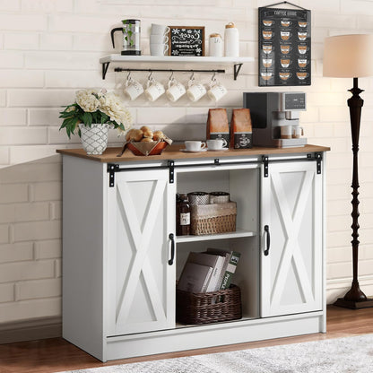 4 EVER WINNER Coffee Bar Cabinet with Sliding Barn Doors, 42” Farmhouse Coffee Station with Adjustable Shelves, Buffet Cabinet with Storage for Dining Room, White