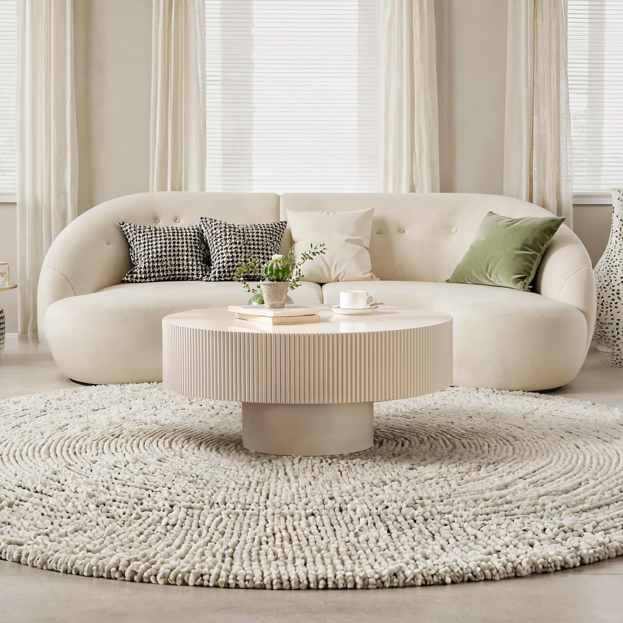 Modern Wood Round Coffee Table - Handcraft Drum Coffee Tables with Sturdy Base, Easy Assembly, Contemporary Style Small Coffee Table Tea Table for Living Room, Bedroom, Office (White Thick) YYZIWYUN