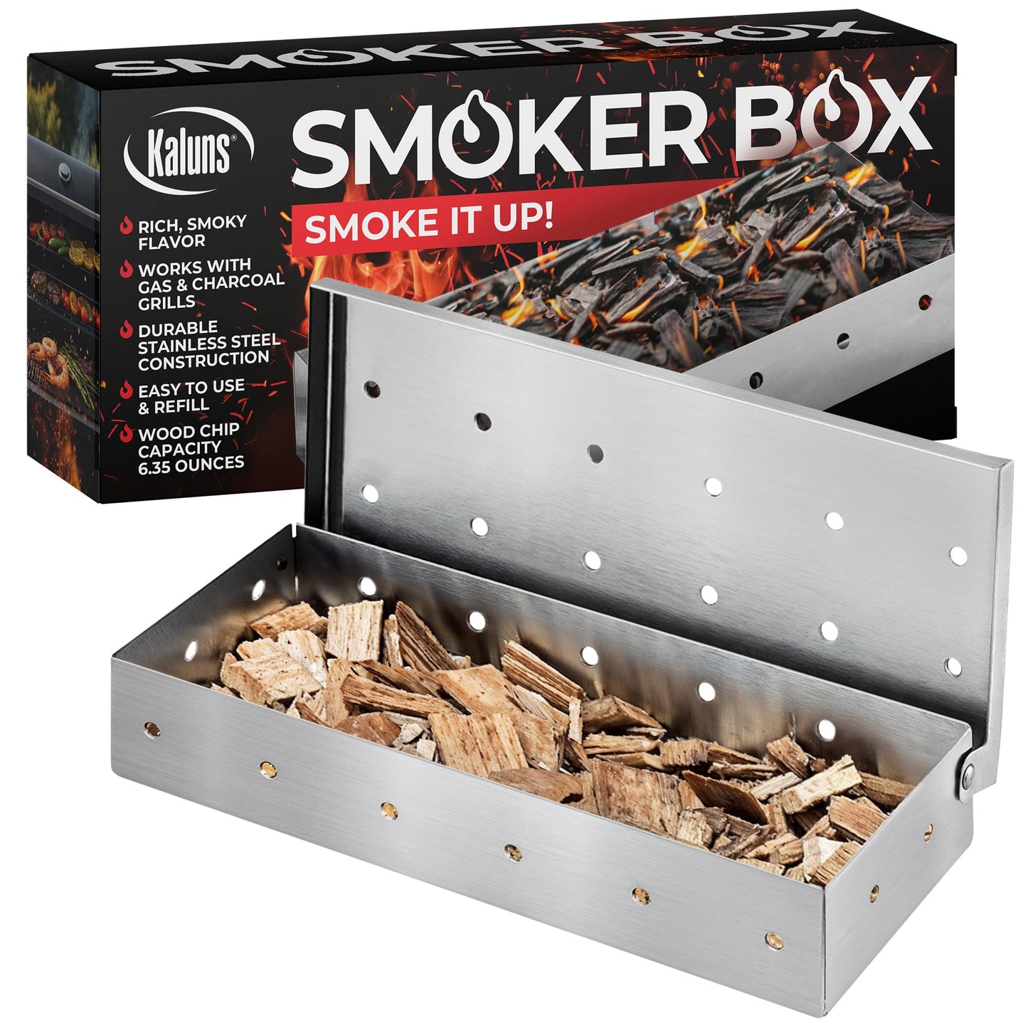 Kaluns Smoker Box For Gas Grill or Charcoal Grill, Stainless Steel Smoke Box, Works with Wood Chips, Add Smoked BBQ Flavor, Hinged Lid,Warp Free Grill Accessories