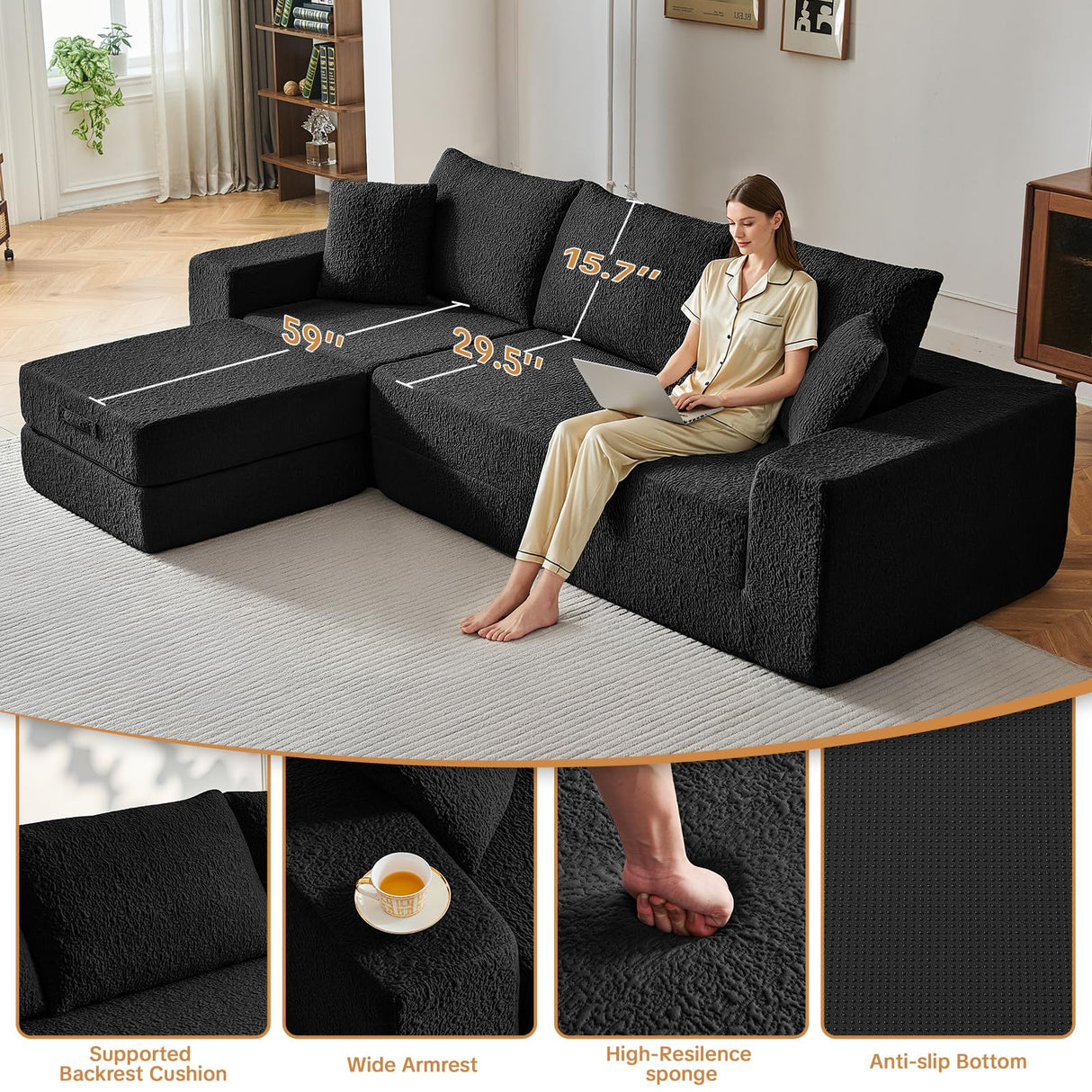 108" Modular Sectional Cloud Sofa - Boneless Couch with Deep Seat, Non Slip Base, Folding Sofa Sectional Couches for Living Room, Cozy Modular Couch with L-Shape Chaise, No Assembly Required, Black CozyMine