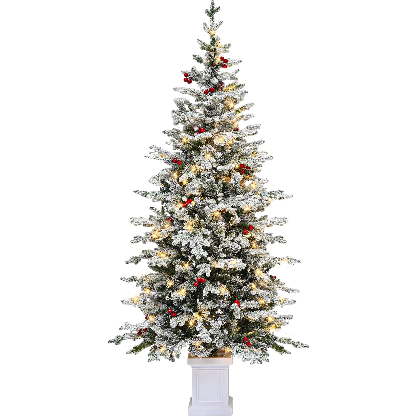 YITAHOME Potted Pre-Lit Flocked Arctic Fir Pencil Tree 6 ft, Slim Christmas Tree with 15 Pre-Decorated Red Berries, 520 PE & PVC Mixed Branch Tips, and 150 Lights for Home, Office Decoration