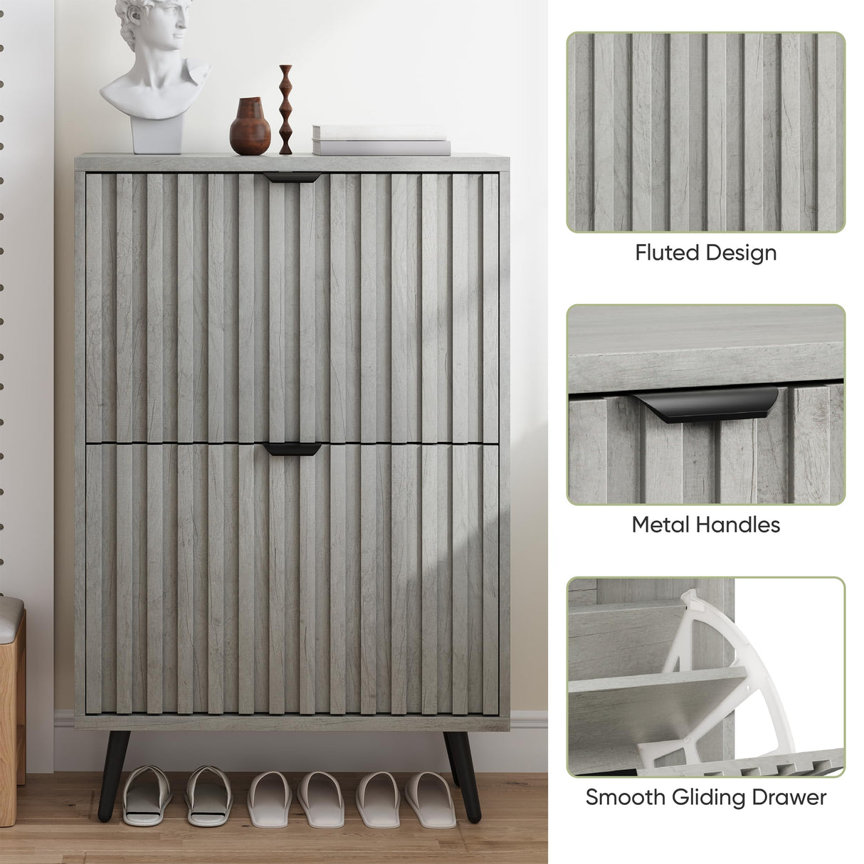 Smuxee Shoe Cabinet with 2 Flip Drawers, 23.6" Grey Hidden Shoe Storage Cabinet with Fluted Design, Freestanding Shoe Organizer Cabinet for Entryway, Hallway, Living Room, Closet Smuxee