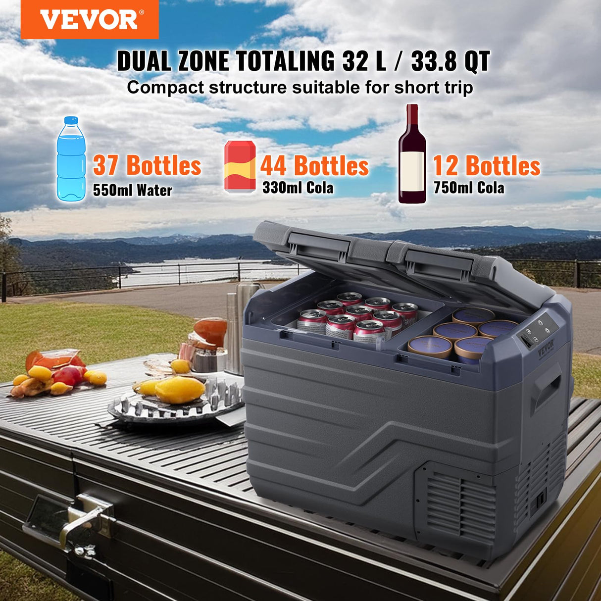 VEVOR NLS45, 12 Volt Car Refrigerator Fridge, 32 L Dual Zone Portable Freezer, -4℉-68℉ Adjustable Range, 12/24V DC and 100-240V AC Compressor Cooler for Outdoor, Camping, RV, Bule and grey VEVOR