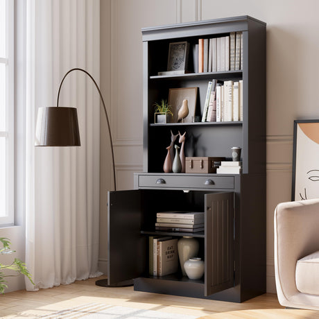 GarveeHome 5-Tier Bookshelf, 70 Inch Tall Bookcase with 2 Doors and 1 Drawer, Modern Pantry Sideboard with Adjustable Shelf, Wooden Storage Cabinet for Living Room, Study, Home Office, Black GarveeHome