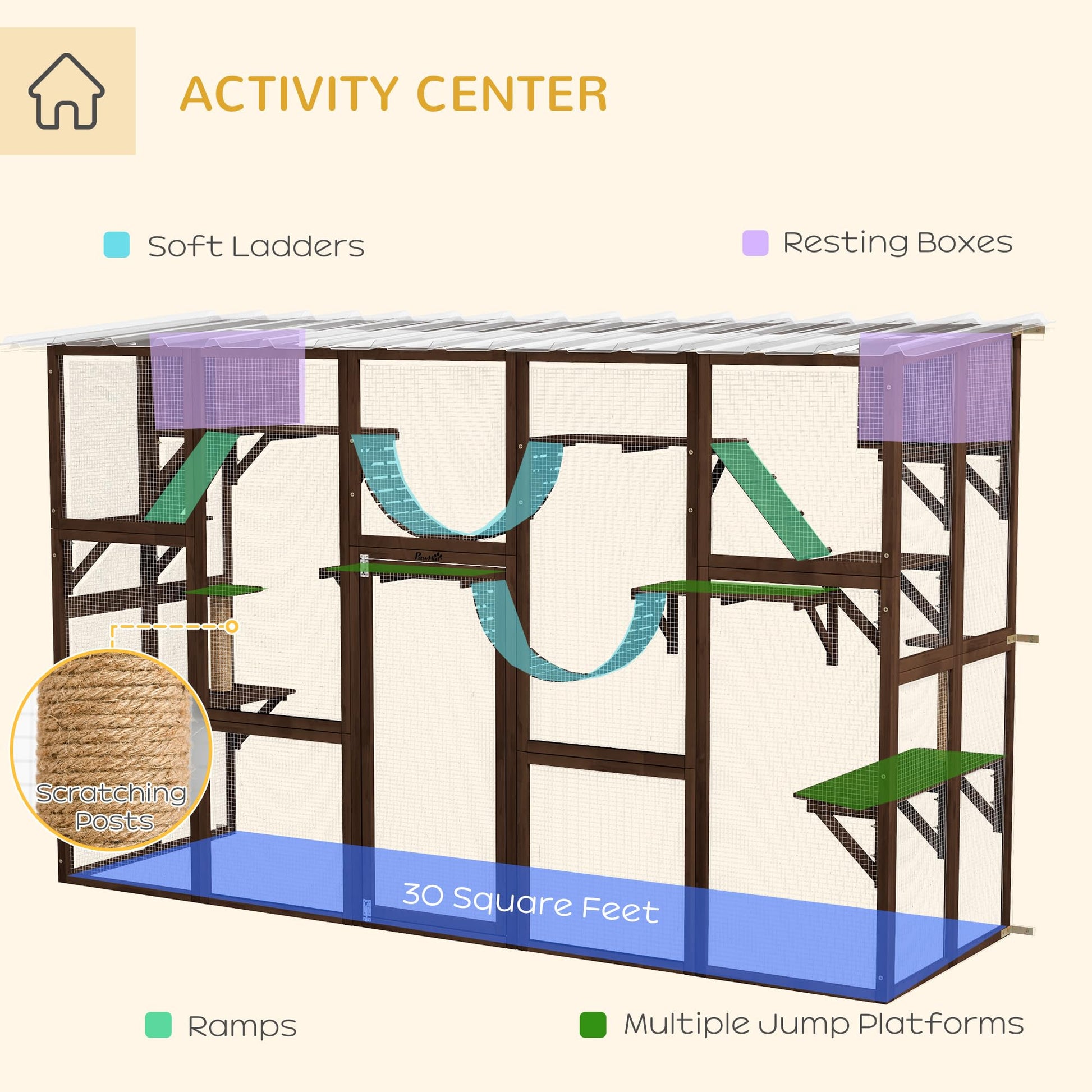 PawHut Catio Playground Cat Window Box Outside Enclosure, Outdoor Cat House with Weather Protection Roof for Multiple Kitties, Wooden Frame, Shelves & Bridges, 118" x 37.5" x 74", Coffee Brow - WoodArtSupply