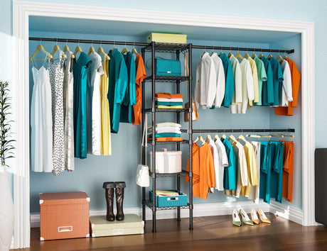 Ulif M1 Closet Storage Organizer System, 6 Tiers Heavy Duty Metal Garment Rack with 3 Expandable Hanger Rods, Wall Mounted Space Saver Suits from 5.4-8.7 ft. Width, 71.2”H x 14”D, 700LBS, Black Ulif