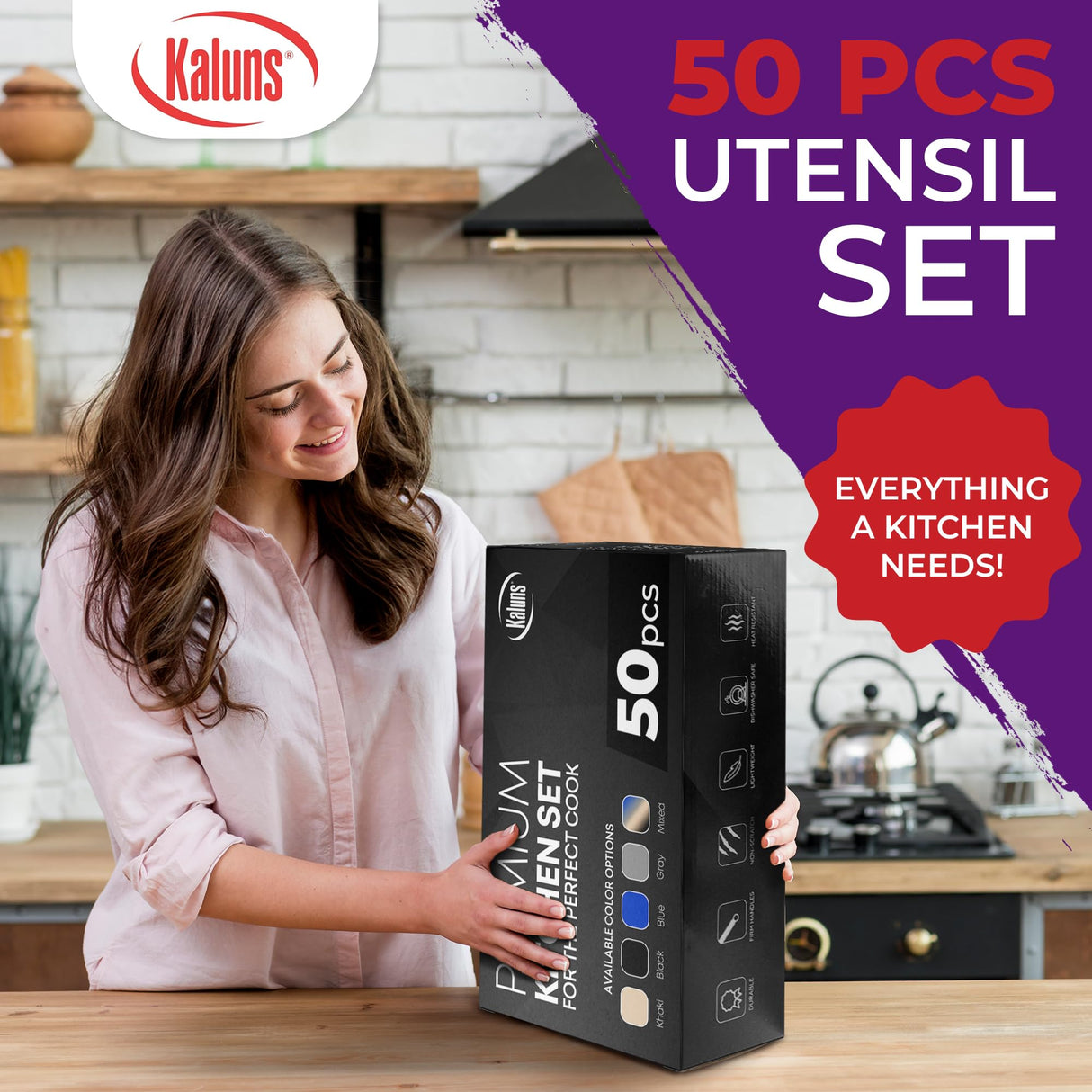 Kaluns 50 PCS Silicone Kitchen Utensils Set - Christmas Gifts For Mom Women Complete Kitchen Set - 800°F Heat Resistant Non-Stick Premium Silicone Cooking Utensils W Wooden Handles Gifts For Mothers Kaluns