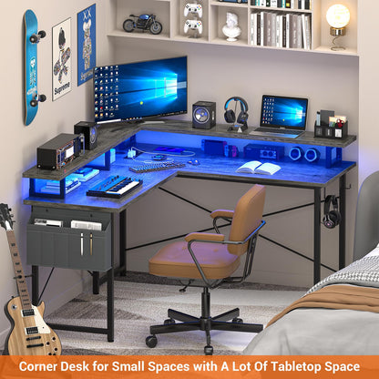 armocity L Shaped Computer Desk with Power Outlets, Gaming Desk L Shaped with LED Lights, Corner Desk with Storage Shelves, Work Study Desk for Bedroom, Home Office Small Spaces, 47'', Grey O - WoodArtSupply