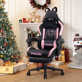 VITESSE Pink Gaming Chair for Girl with Cat Paw Lumbar Cushion and Cat Ears, Ergonomic Computer Chair for Girl with Footrest and Headrest Comfortable Reclining PC Game Chair for Adult,Kid (Black) VITESSE