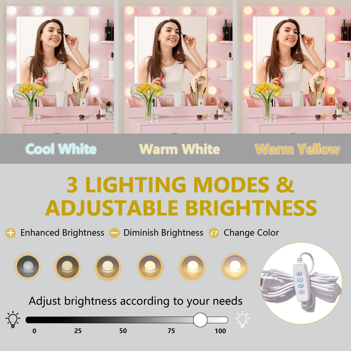 Vanity Desk with Mirror and Lights, Makeup Vanity Table Set with 5 Storage Drawers, Power Outlet & Chair, Small Dressing Table with RGB Ambient Light, Adjustable Brightness for Girls Bedroom, Pink Xixini