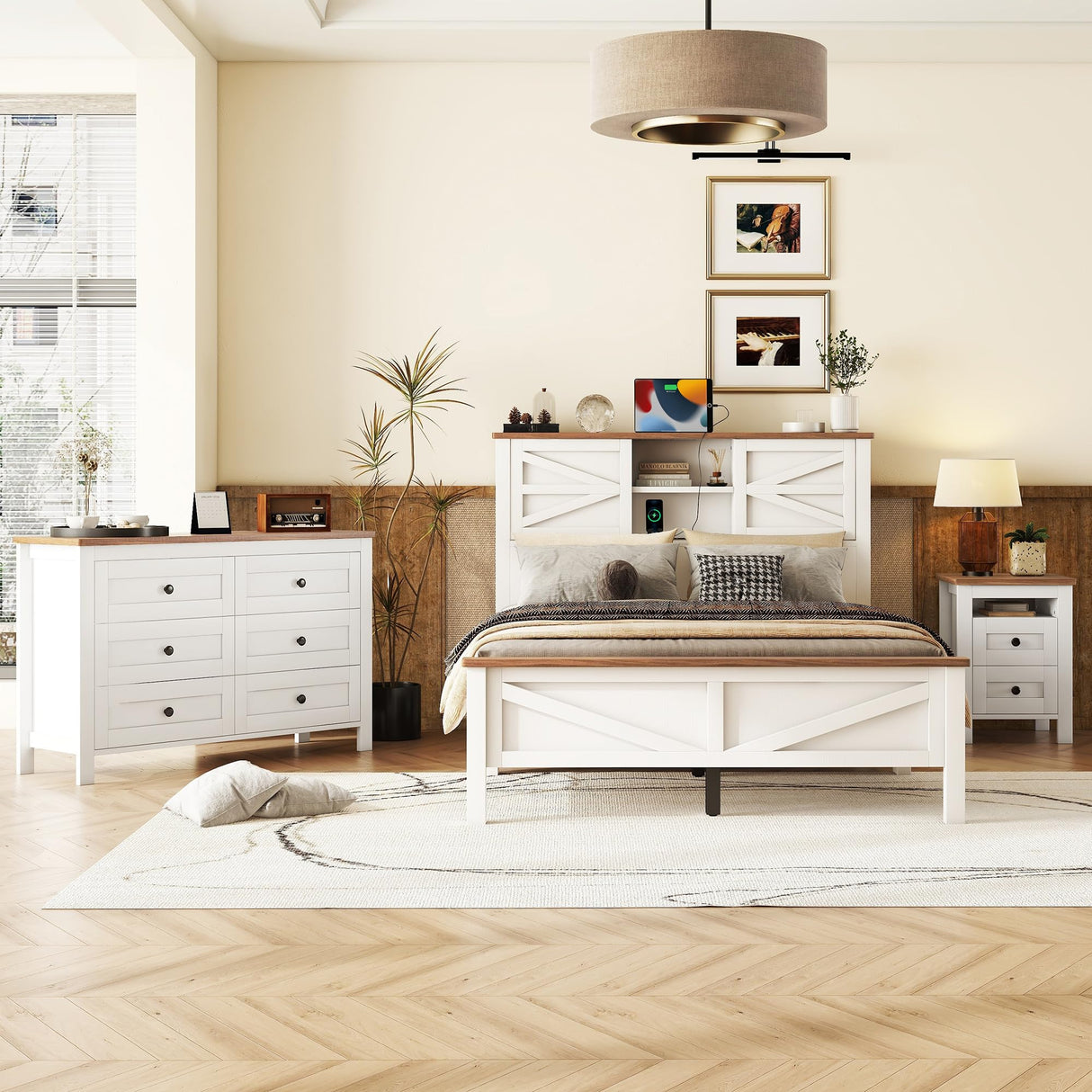 SOFTSEA 3 Piece Queen Bedroom Furniture Set with Platform Bed, Nightstand, and Dresser in White and Brown SOFTSEA