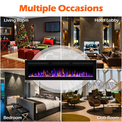 BETELNUT 68" Electric Fireplace Wall Mounted and Recessed with Remote Control, 750/1500W Ultra-Thin Wall Fireplace Heater W/Timer Adjustable Flame Color and Brightness, Log Set & Crystal Options