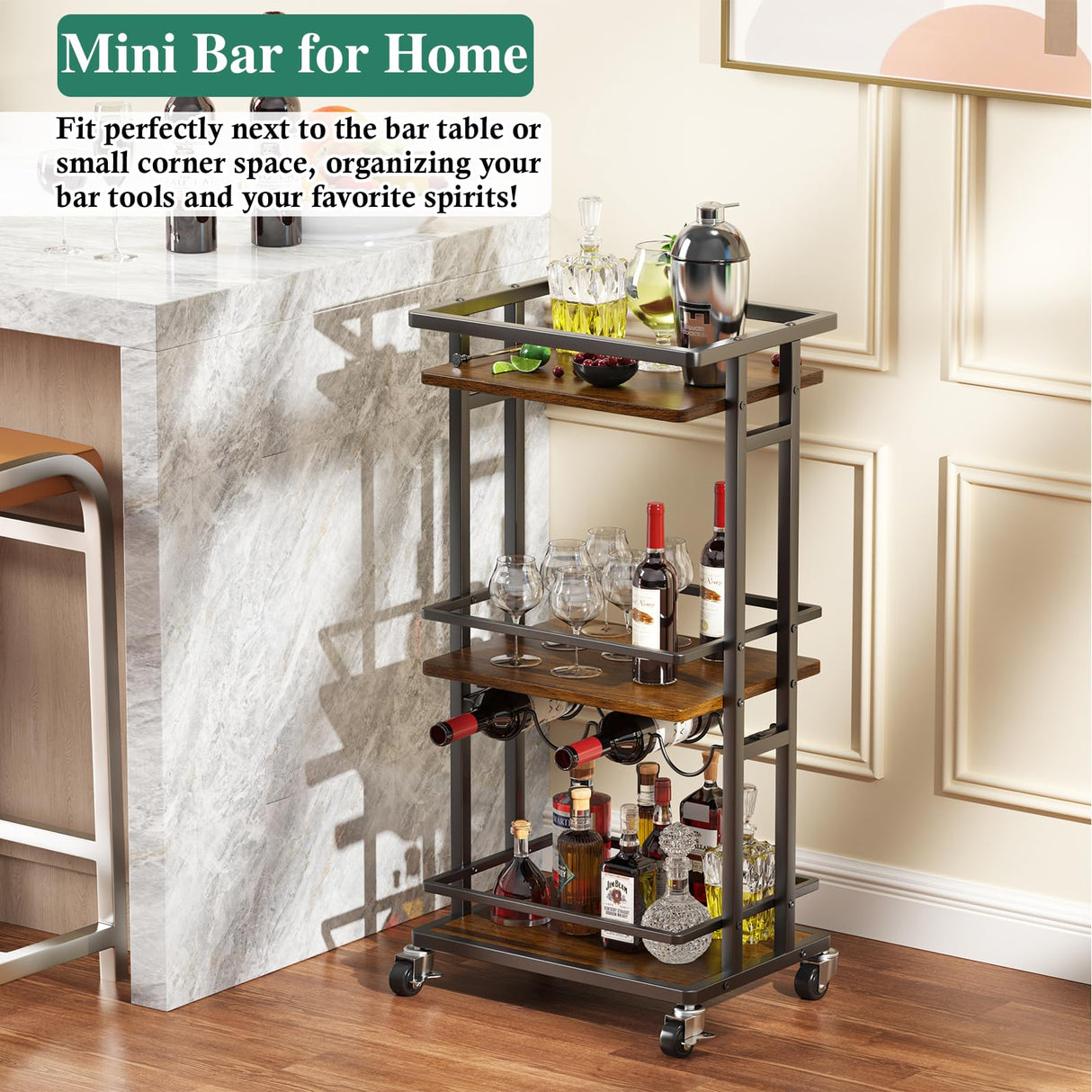 OKZEST 4-Tier Liquor Cabinet with Wine Rack, Mini Bar Cart for Home, Small Liquor Bar for Alcohol, Rolling Kitchen Serving Cart on Wheels, Wine Drink Cart for Party, Bar Stand for Small Space OKZEST