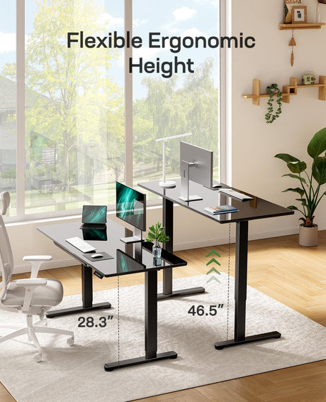 Marsail Glass Electric Standing Desk with Drawer, 48 x 24 Inches Height-Adjustable Desk, One-Piece Tempered Glass Top, Ergonomic Home Office Sit Stand Desk with 4 Preset Heights, Black Marsail