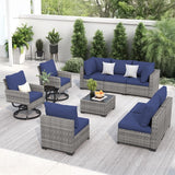 FHFO 10 Pieces Outdoor Patio Furniture Set with Swivel Chairs, Wicker Sectional Sofa Set Rattan Modular Patio Conversation with Cushions Couch & Coffee Table for Garden, Balcony, Porch, Grey-Blue FHFO