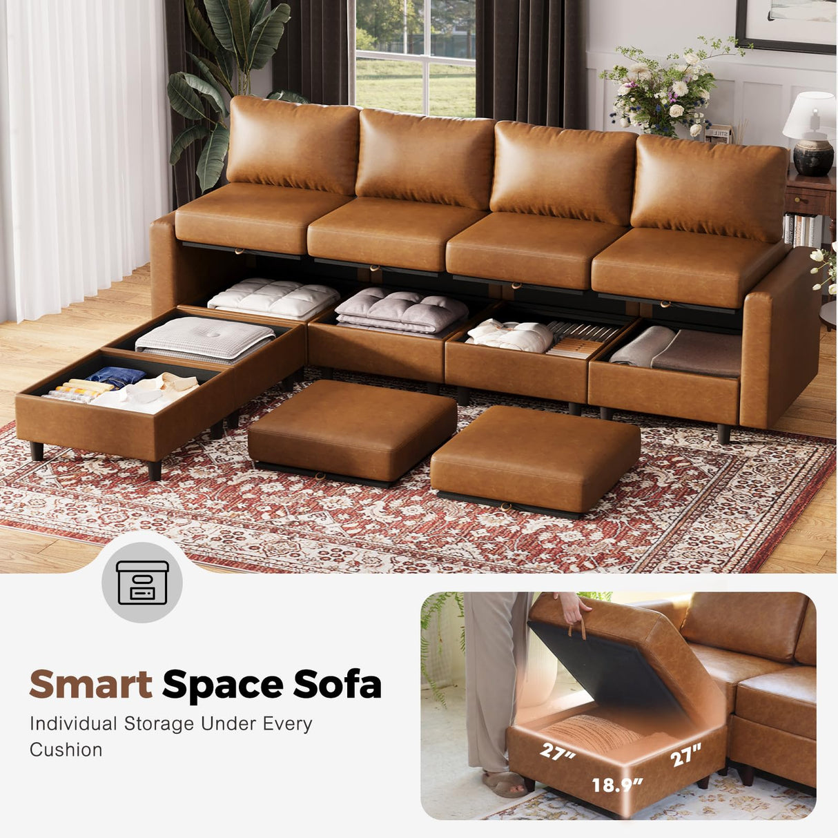 ABCASA 118.5" Faux Leather Modular Sectional Sofa with Storage Seat, Oversized 4 Seater Couch Deep Seat with Removable Cover Brown ABCASA