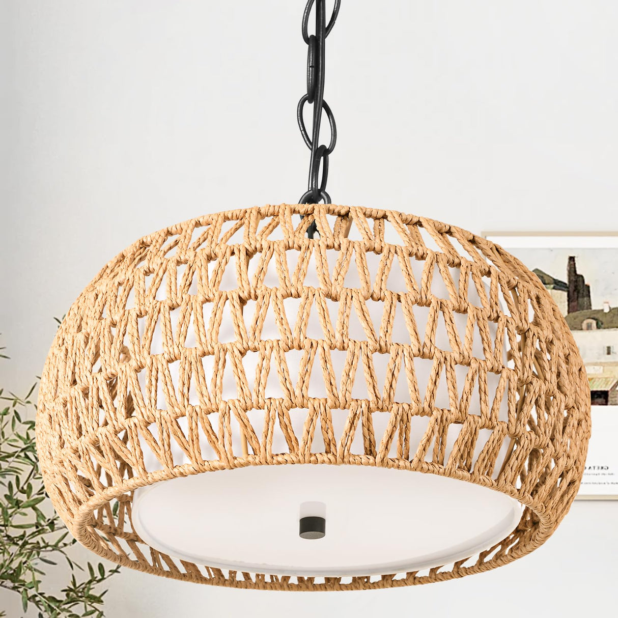 SUNLUMI Farmhouse Rattan Chandelier with 2-Tier Wicker and Fabric Shade, 3-Lights Boho Drum Pendant Light Fixture with Adjustable Chain, Hand-Woven Basket Chandeliers for Dining Living Room Kitchen SUNLUMI