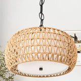 SUNLUMI Farmhouse Rattan Chandelier with 2-Tier Wicker and Fabric Shade, 3-Lights Boho Drum Pendant Light Fixture with Adjustable Chain, Hand-Woven Basket Chandeliers for Dining Living Room Kitchen SUNLUMI