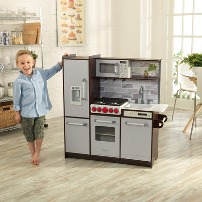 KidKraft Uptown Elite Espresso Play Kitchen with EZ Kraft Assembly™, Lights and Sounds, Working Ice Maker and Click and Turn Knobs, Gift for Ages 3+