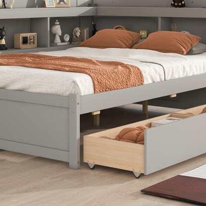 JIVOIT Full Size Captain Platform Bed with L-Shaped Bookcases and Dual Storage Drawers in Gray - WoodArtSupply