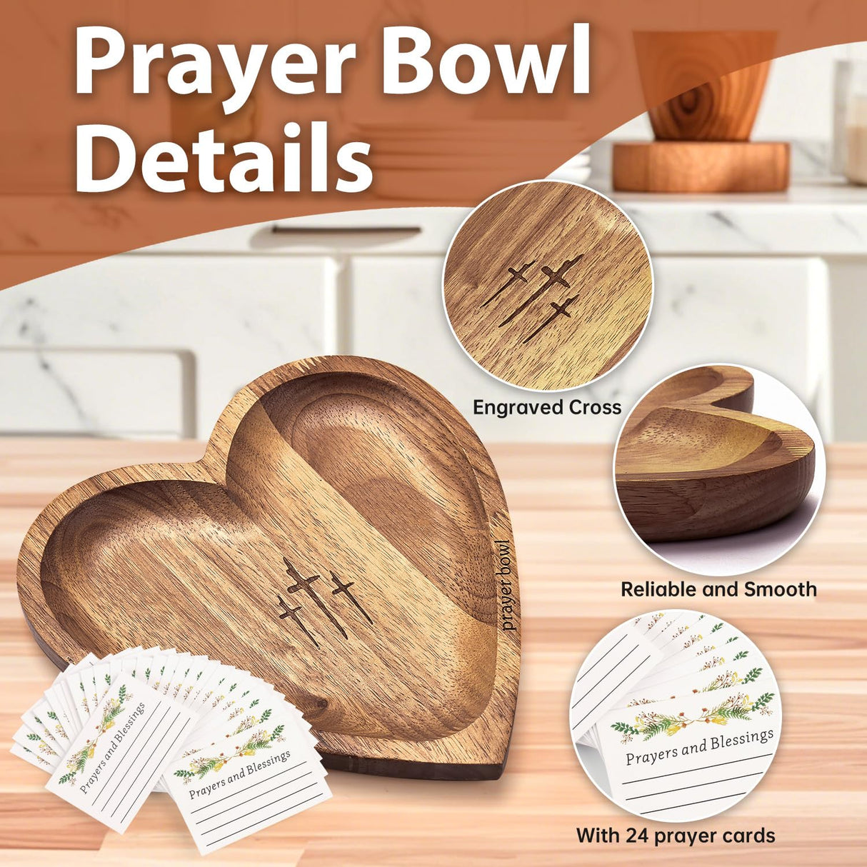 Woonmart Wooden Heart Prayer Bowl, Dough Bowl with 24 Prayer Cards, Religious Gifts, Heart Prayer Bowl, Easter Gifts Thanksgiving Day christian decor prayer box christian gifts for women Woonmart