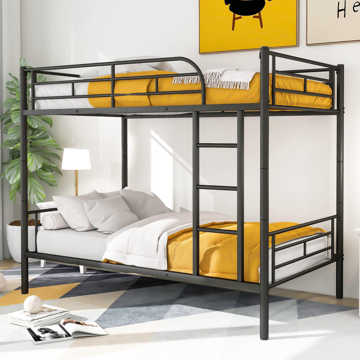 Merax Bunk Bed with Ladder and high Guardrail, Able to Split, Metal Bunk Bed, Storage Space, Noise Free,Twin Over Twin Size Bunk Bed,Black Merax