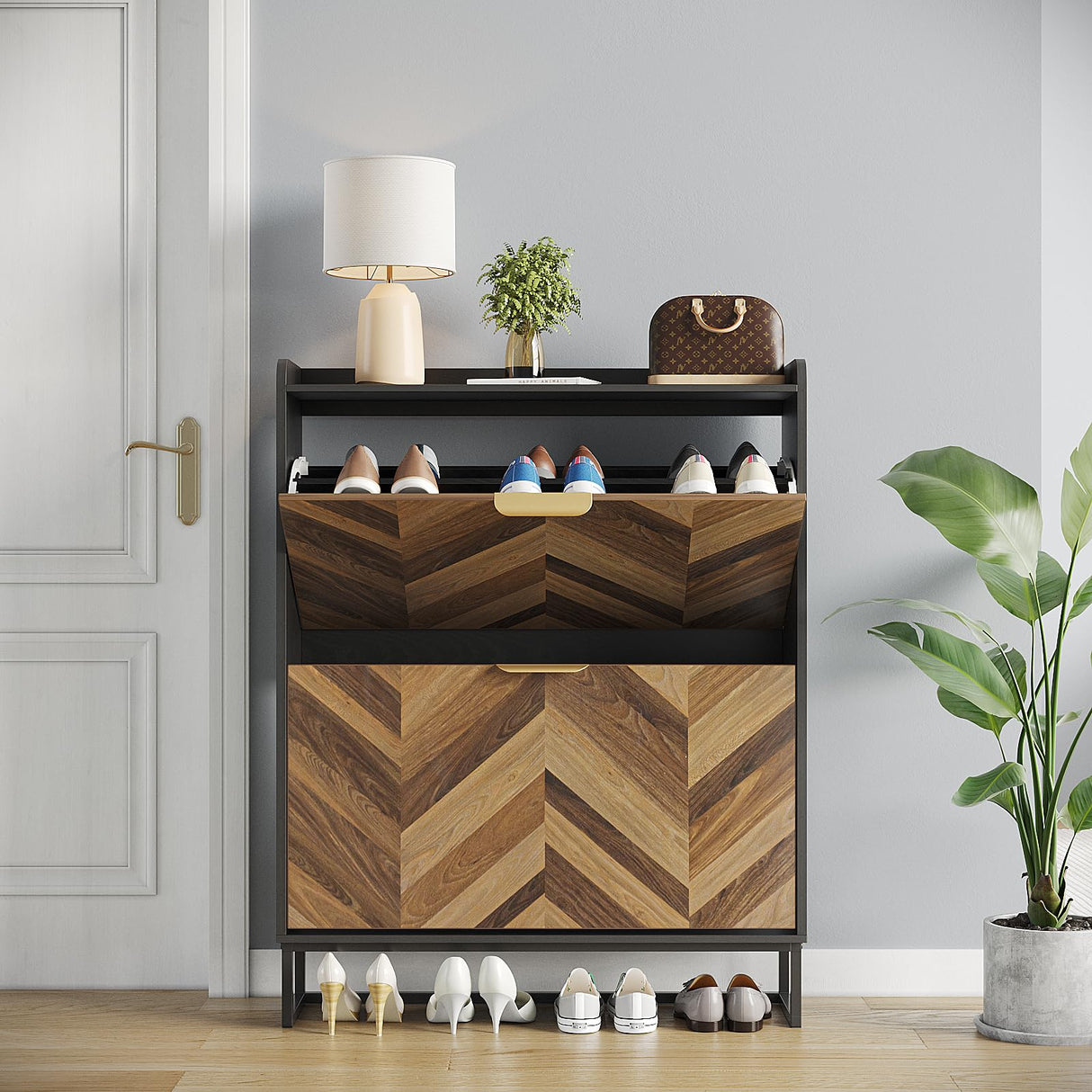 Maupvit Shoe Cabinet with 2 Flip Drawers，Shoe Storage Cabinet for Entryway，Hidden Shoe Storage Slim Storage Cabinet with Metal Legs, Farmhouse Free Standing Shoe Rack Cabinet (2-Drawers, Dark Brown) Maupvit