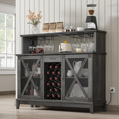 Wine Bar Cabinet,Farmhouse Liquor Cabinet with Storage&Drawer,Coffee Bar Cabinet with LED Lights,Buffet Cabinet with Wine Rack&Glass Holder,Industrial Sideboard Buffet,Bar Cabinets for Home,Grey