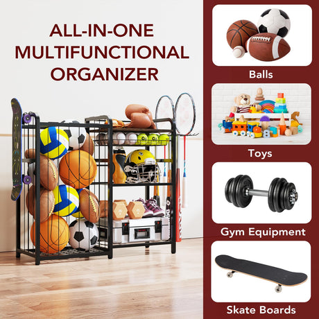 Homsorout Garage Sports Equipment Organizer, Ball Storage for Gear and Toys, Large Capacity, Sports Organizer for Garage with Hooks and Baskets, for golf, Football, Soccer Ball, Bat Homsorout