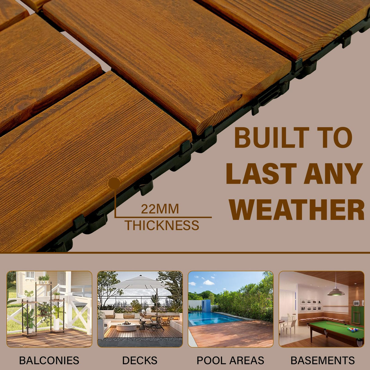 10-Pack 12"x12" Interlocking Acacia Wood Deck Tiles – 8 Slats Waterproof Outdoor Flooring for Patio, Balcony & Backyard FROM ONE