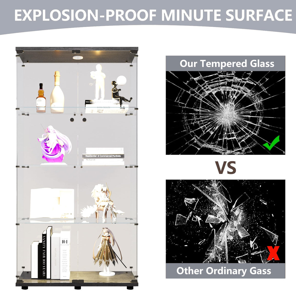 64.7" Glass Display Cabinet 4-Shelf Black Display Case with LED Light and Two Glass Doors Modern Curio Collection Cabinet, Floor Standing Bookshelf for Living Room Office（Black 64.7"x31.7"x14.3"） Fulocseny