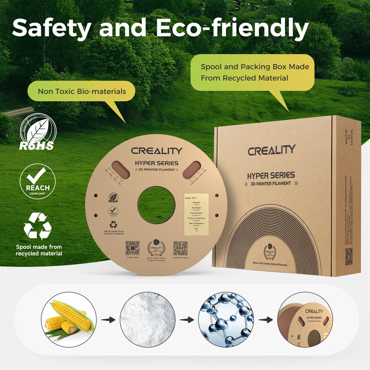 Creality Hyper PLA Filament 1.75mm, 3D Printer Filament, for High-Speed Printing, Neatly Wound Filament, Durable and Strong Toughness Dimensional Accuracy +/-0.02mm, 2.2lbs(1kg)/Spool (Brown) Creality