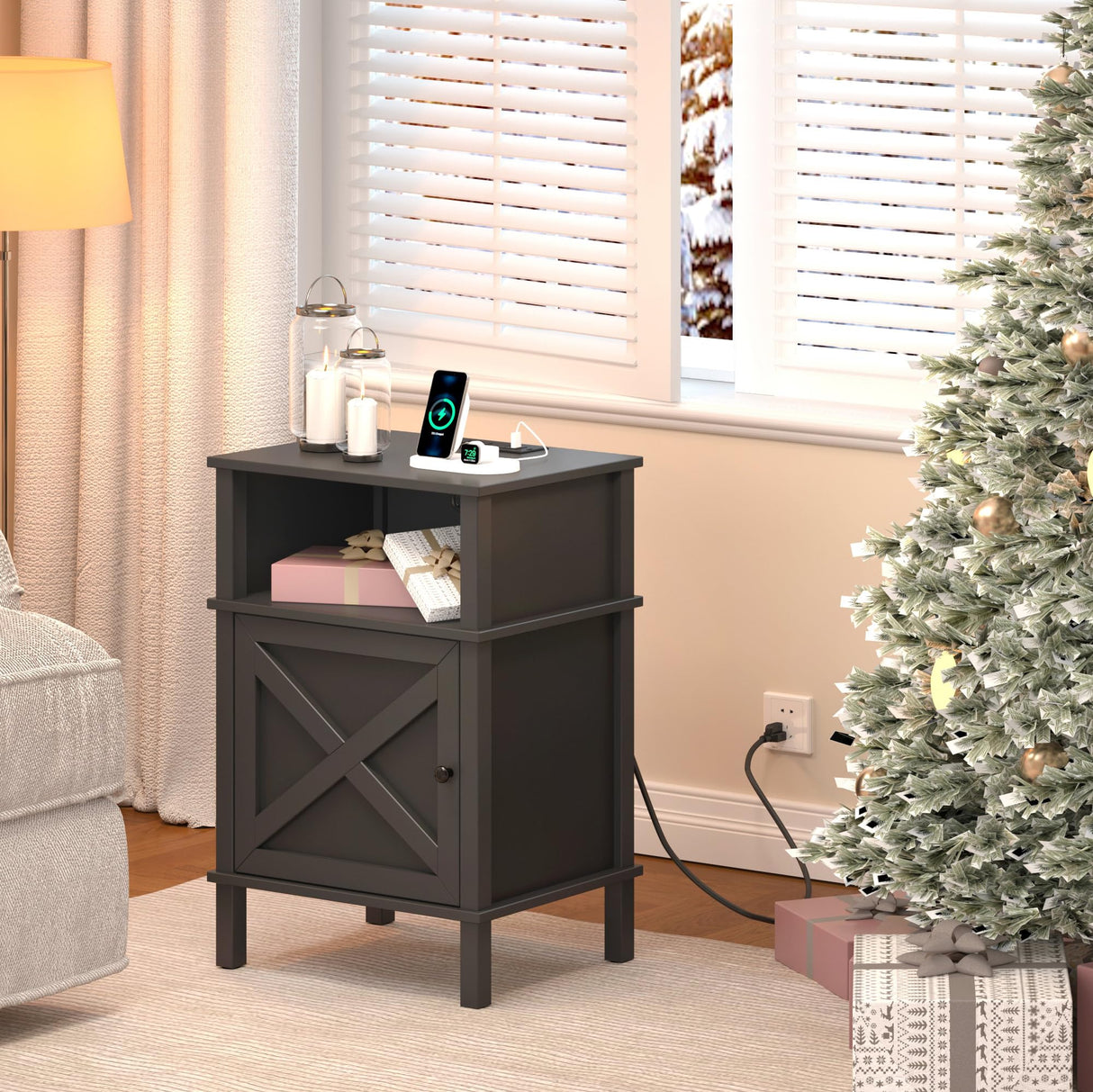 CIILAAILE Nightstand with Charging Station, Farmhouse Nightstand, end Table with 2 Tiers Storage Space and Storage Cabinet, Sofa Side Tables for Bedroom, Living Room BZ0601BKE CIILAAILE