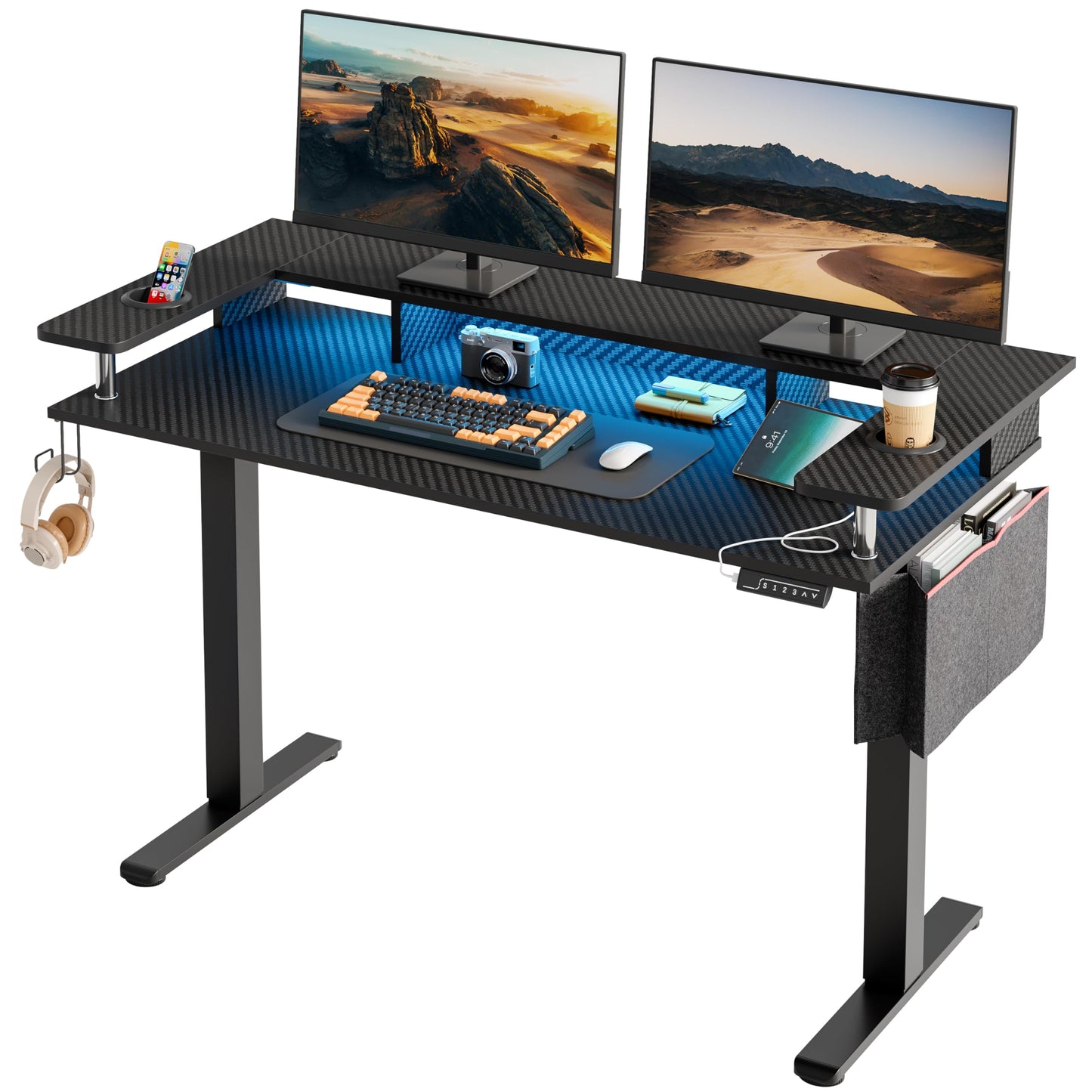 Bestier LED Gaming Electric Standing Desk Adjustable Height, 58x26 Inch Large Sit Stand Desk with Monitor Stand, Ergonomic Rising Office Desk with Headphone Hook & Storage Bag, 3D Carbon Fiber