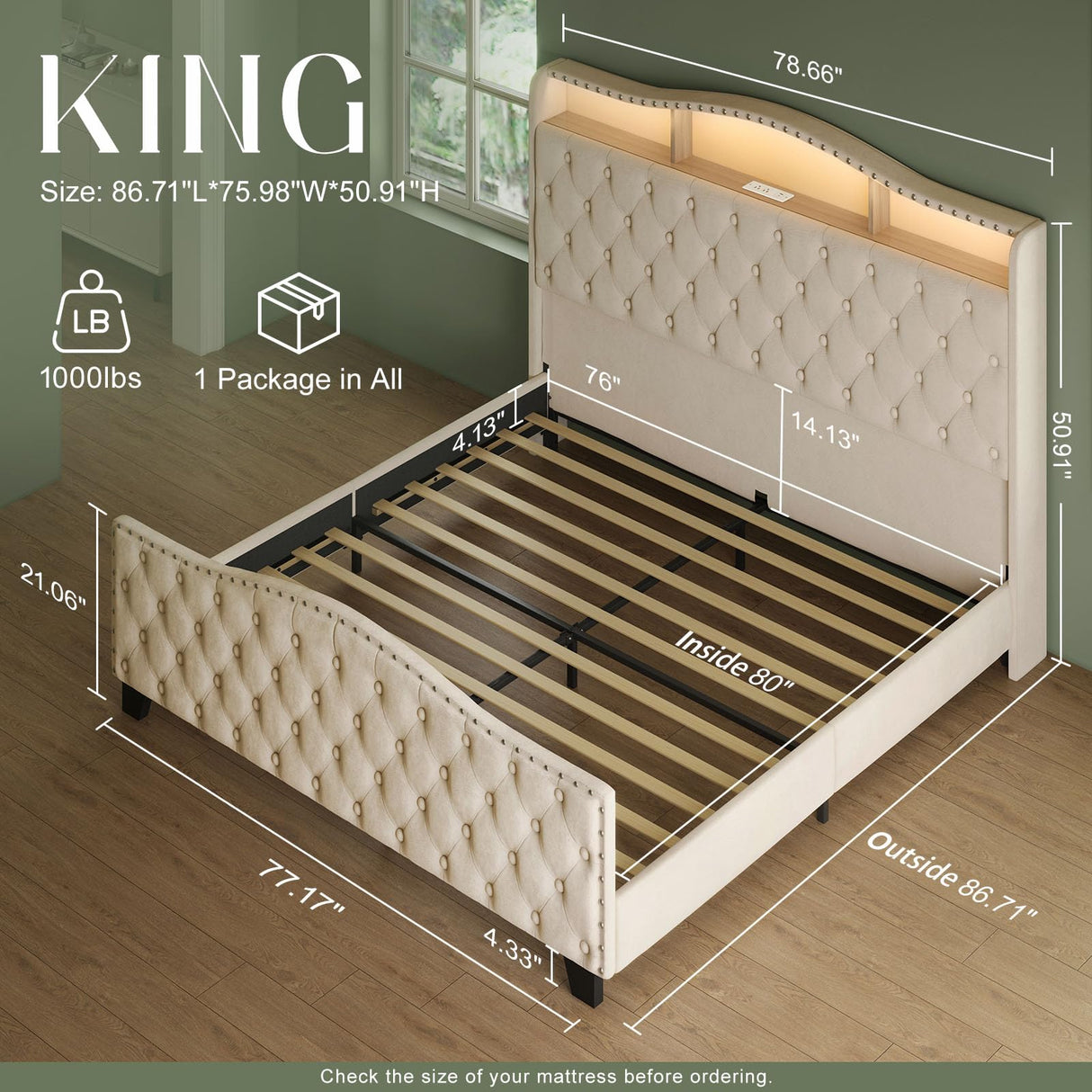 Belffin King Size Bed Frame and Headboard, 50.9" Velvet Upholstered Wingback Bedframe with LED Lights & Storage/Charging Station, Button Tufted Tall Footboard, No Box Spring Needed, Noise-Free, Beige Belffin