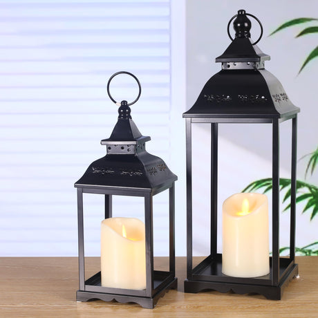 HAVITI 2 Pack Outdoor Lantern for Porch, Black Decorative Farmhouse Lanterns Indoor, 17'' 12'' Lantern (no Glass) with 2PCS LED Flameless Candles for Porch Halloween Christmas Wedding Fireplace HAVITI