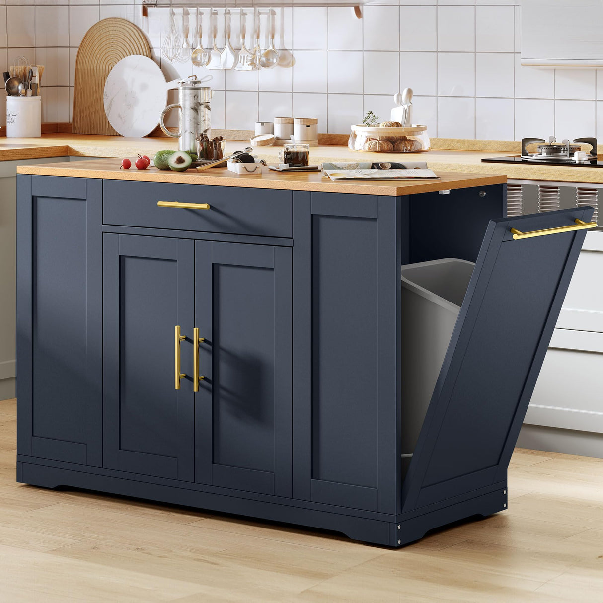 YITAHOME 53 inch Large Rolling Kitchen Island with Trash Can Storage Cabinet, Portable Mobile Islands Table Long Floating Movable w Wheels Cabinet for 13 Gallon Garbage Bin 2 Drawer, Navy Blue YITAHOME