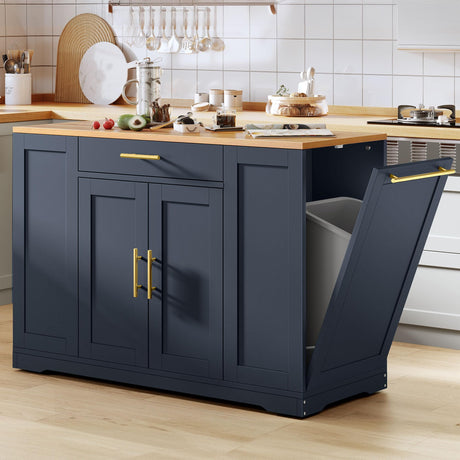 YITAHOME 53 inch Large Rolling Kitchen Island with Trash Can Storage Cabinet, Portable Mobile Islands Table Long Floating Movable w Wheels Cabinet for 13 Gallon Garbage Bin 2 Drawer, Navy Blue YITAHOME