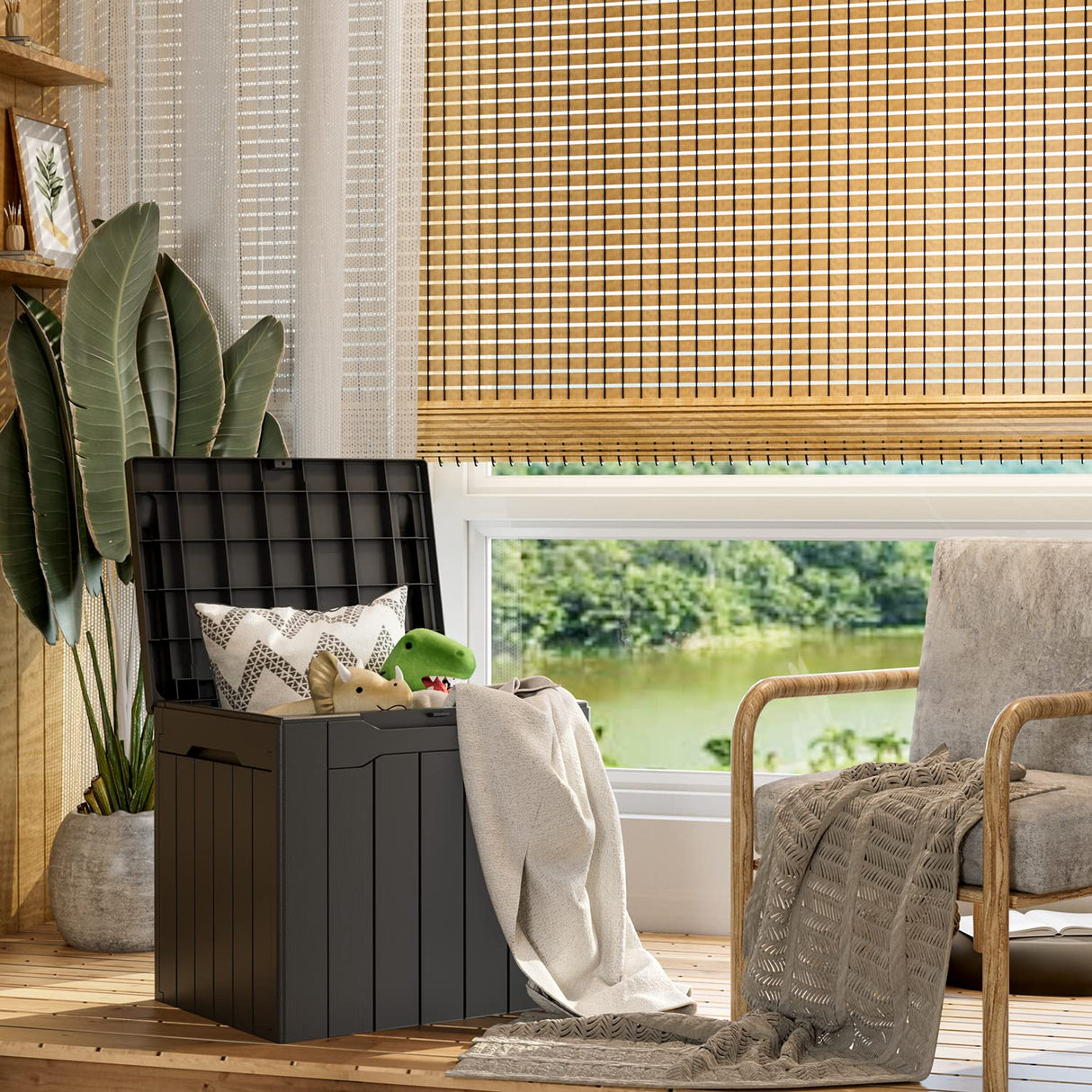 Greesum 31 Gallon Resin Deck Box All Weather Outdoor Storage Boxes for Patio Furniture Set,Outdoor Toys,Garden Tools,Black Greesum